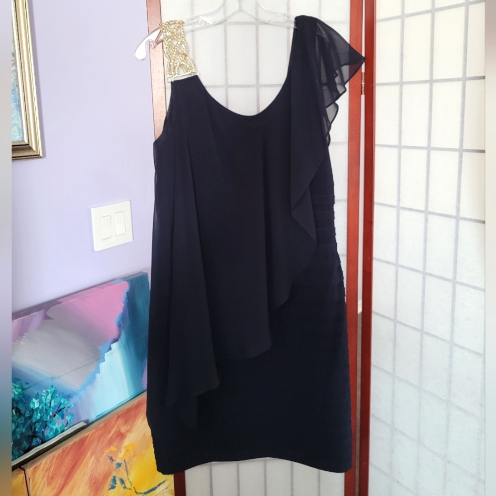 Navy Blue Formal Dress with Gold Chain Link Strap Fits Like Size 8